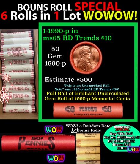 THIS AUCTION ONLY! BU Shotgun Lincoln 1c roll, 1990-p 50 pcs Plus FIVE bonus random date BU roll! Ba