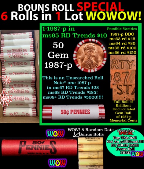 THIS AUCTION ONLY! BU Shotgun Lincoln 1c roll, 1987-p 50 pcs Plus FIVE bonus random date BU roll! Ba