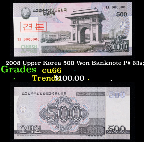 2008 Upper Korea 500 Won Banknote P# 63s;  Grades Gem+ CU