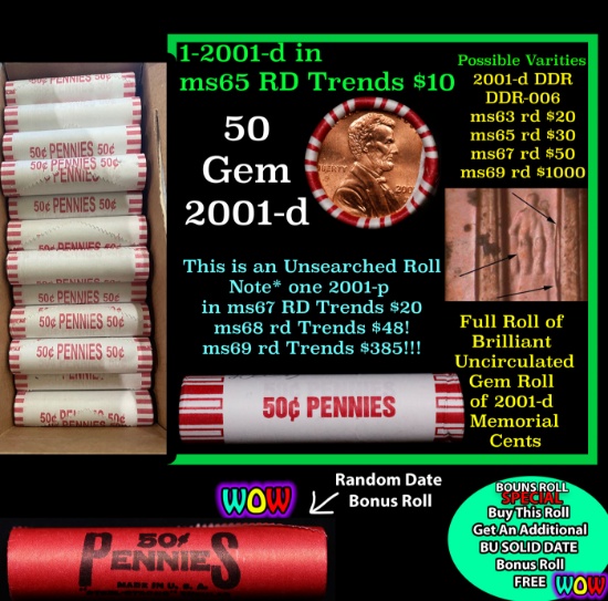 THIS AUCTION ONLY! BU Shotgun Lincoln 1c roll, 2001-d 50 pcs Plus one bonus random date BU roll! Ban