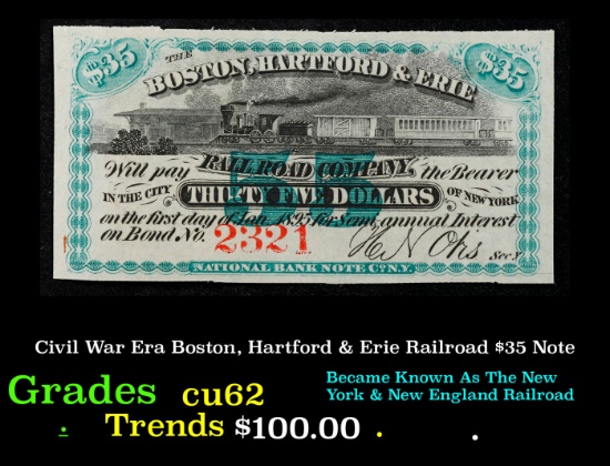 Civil War Era Boston, Hartford & Erie Railroad $35 Note Grades Select CU
