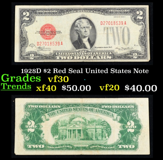 1928D $2 Red Seal United States Note Grades vf++