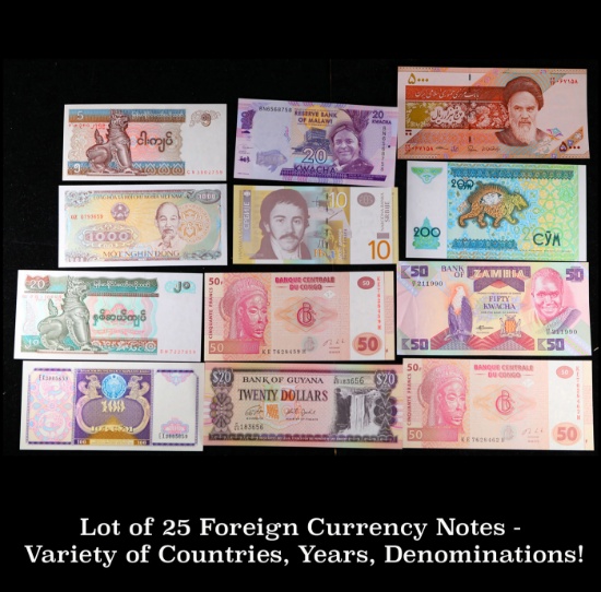 Lot of 25 Foreign Currency Notes - Variety of Countries, Years, Denominations!