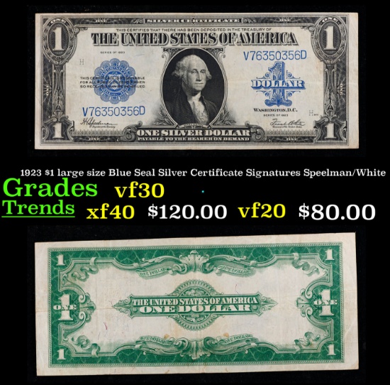1923 $1 large size Blue Seal Silver Certificate Grades vf++ Signatures Speelman/White