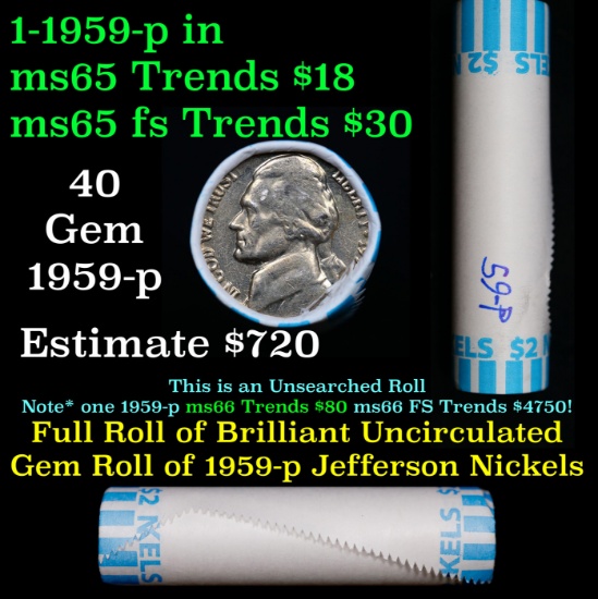 BU Shotgun Jefferson 5c roll, 1959-p 40 pcs Bank $2 Nickel Wrapper