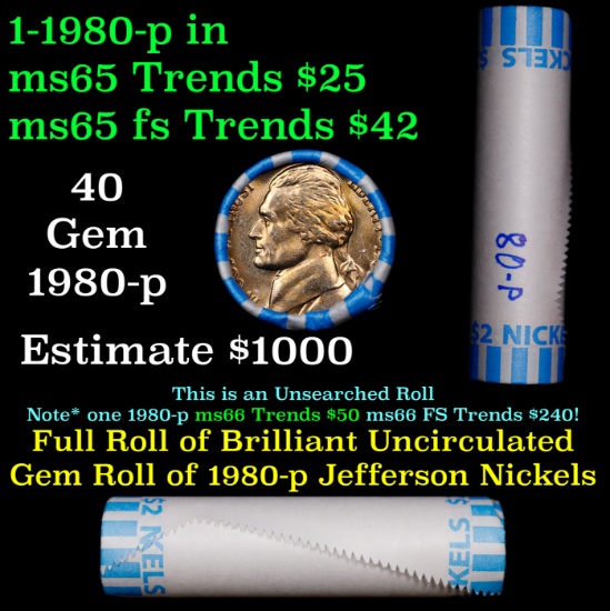 BU Shotgun Jefferson 5c roll, 1980-p 40 pcs Bank $2 Nickel Wrapper
