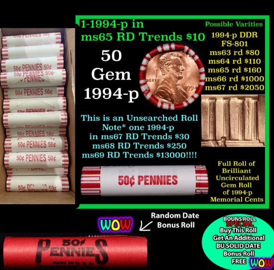 THIS AUCTION ONLY! BU Shotgun Lincoln 1c roll, 1994-p 50 pcs Plus one bonus random date BU roll! Ban