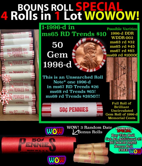 THIS AUCTION ONLY! BU Shotgun Lincoln 1c roll, 1996-d 50 pcs Plus THREE bonus random date BU roll! B