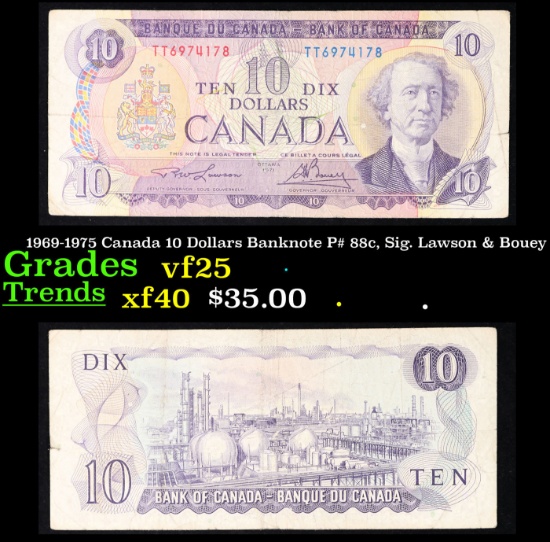 1969-1975 Canada 10 Dollars Banknote P# 88c, Sig. Lawson & Bouey Grades vf+