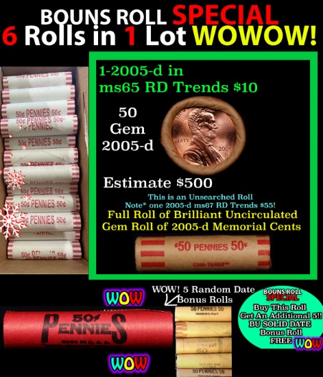 THIS AUCTION ONLY! BU Shotgun Lincoln 1c roll, 2005-d 50 pcs Plus FIVE bonus random date BU roll! Ba