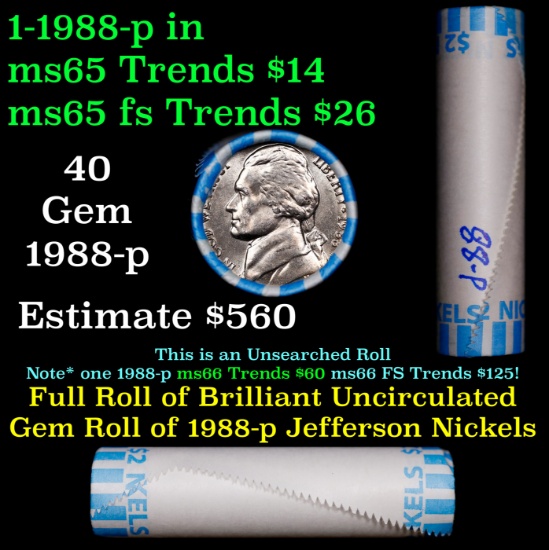 BU Shotgun Jefferson 5c roll, 1988-p 40 pcs Bank $2 Nickel Wrapper