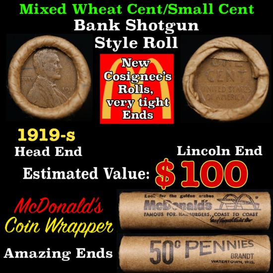 Lincoln Wheat Cent 1c Mixed Roll Orig Brandt McDonalds Wrapper, 1919-s end, Wheat other end