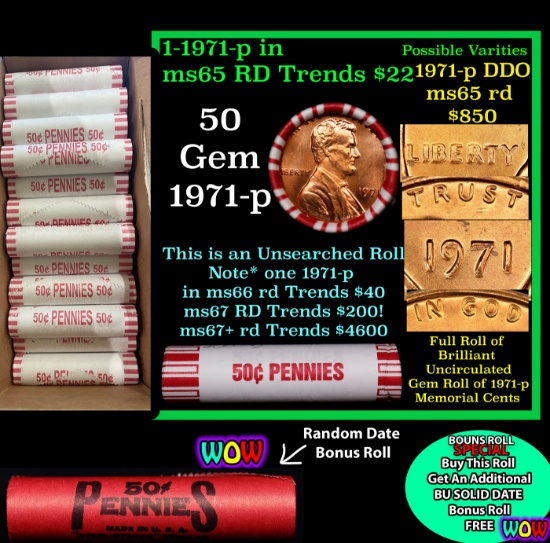 THIS AUCTION ONLY! BU Shotgun Lincoln 1c roll, 1971-p 50 pcs Plus one bonus random date BU roll! Ban