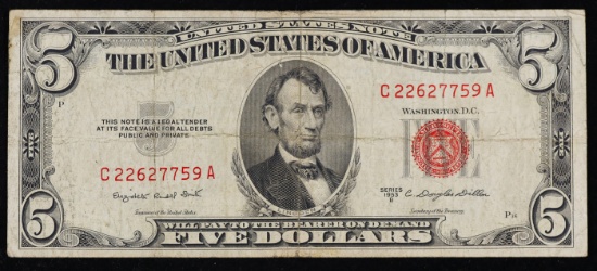 1953B $5 Red Seal United States Note Grades vf+