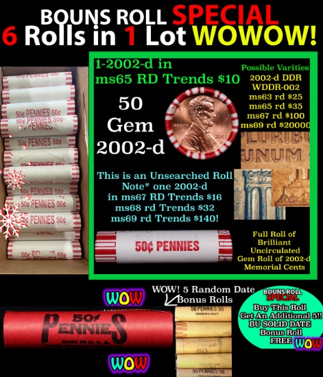 THIS AUCTION ONLY! BU Shotgun Lincoln 1c roll, 2002-d 50 pcs Plus THREE bonus random date BU roll! B