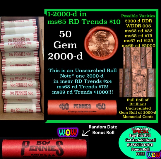 THIS AUCTION ONLY! BU Shotgun Lincoln 1c roll, 2000-d 50 pcs Plus one bonus random date BU roll! Ban