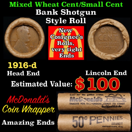 Lincoln Wheat Cent 1c Mixed Roll Orig Brandt McDonalds Wrapper, 1916-d end, Wheat other end
