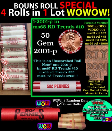 THIS AUCTION ONLY! BU Shotgun Lincoln 1c roll, 2001-p 50 pcs Plus THREE bonus random date BU roll! B