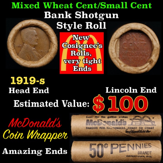 Lincoln Wheat Cent 1c Mixed Roll Orig Brandt McDonalds Wrapper, 1919-s end, Wheat other end