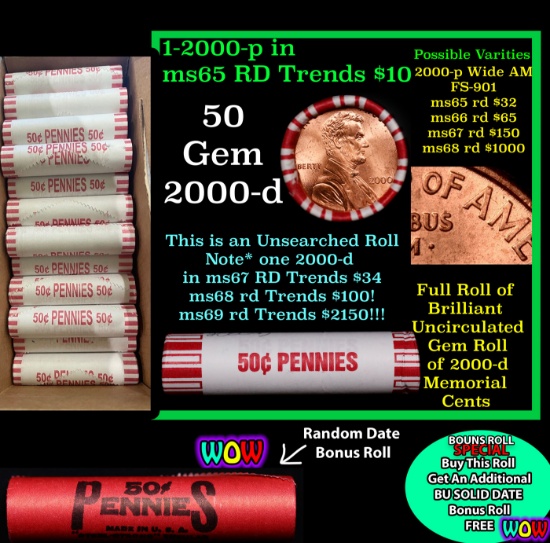 THIS AUCTION ONLY! BU Shotgun Lincoln 1c roll, 2000-p 50 pcs Plus one bonus random date BU roll! Ban