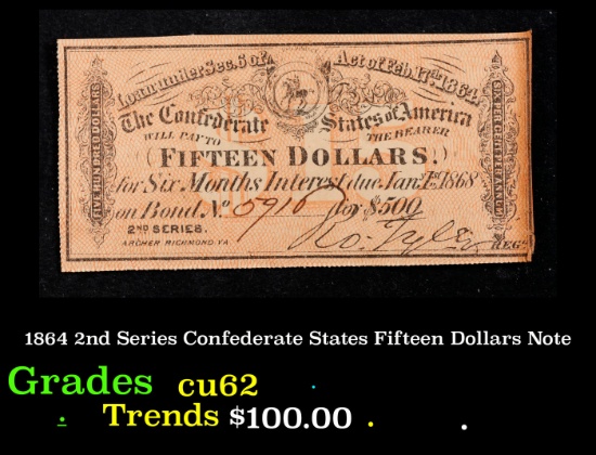 1864 2nd Series Confederate States Fifteen Dollars Note Grades Select CU