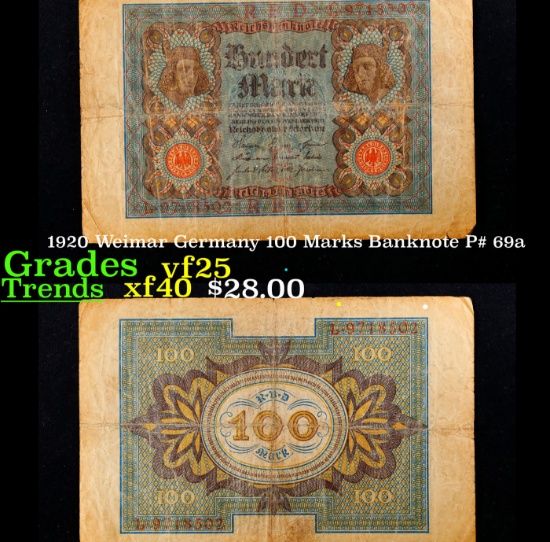 1920 Weimar Germany 100 Marks Banknote P# 69a Grades vf+