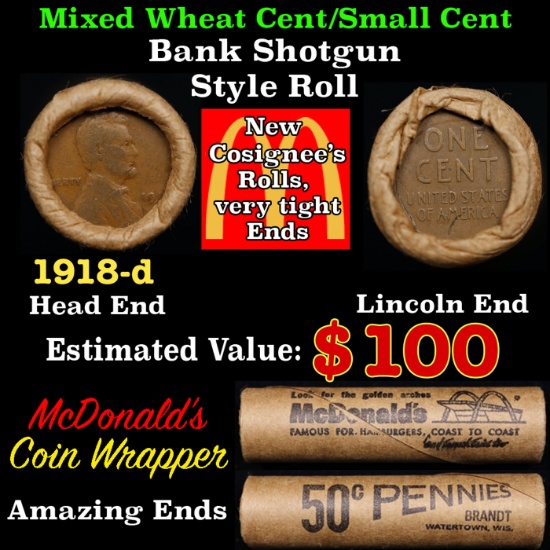 Lincoln Wheat Cent 1c Mixed Roll Orig Brandt McDonalds Wrapper, 1918-d end, Wheat other end