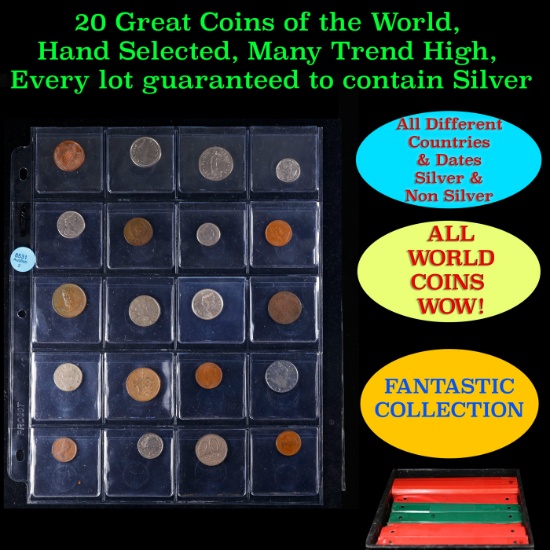 20 Great Coins of the World, hand selected, many trend high, every lot guaranteed to contain Silver.