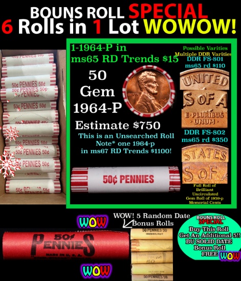 THIS AUCTION ONLY! BU Shotgun Lincoln 1c roll, 1964-p 50 pcs Plus FIVE bonus random date BU roll! Ba