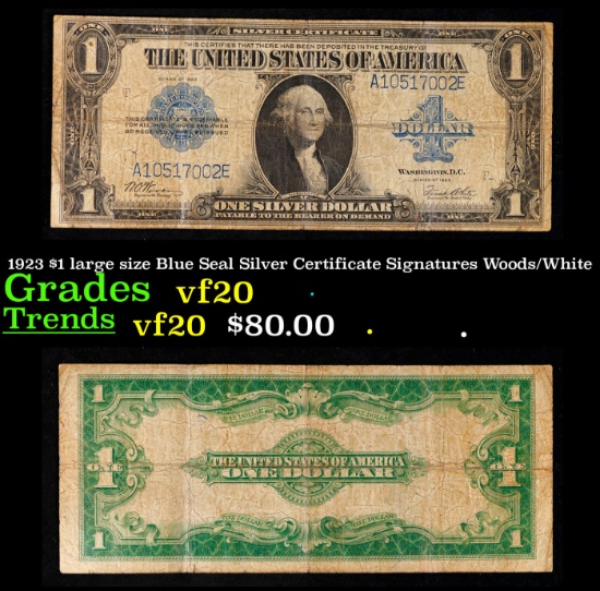 1923 $1 large size Blue Seal Silver Certificate Grades vf, very fine Signatures Woods/White