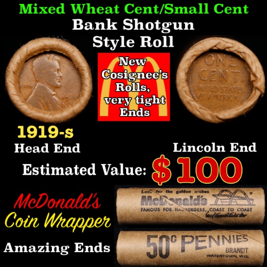 Lincoln Wheat Cent 1c Mixed Roll Orig Brandt McDonalds Wrapper, 1919-s end, Wheat other end