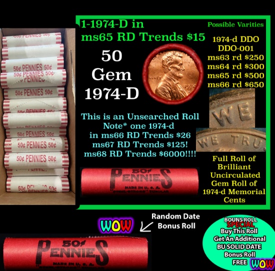THIS AUCTION ONLY! BU Shotgun Lincoln 1c roll, 1974-d 50 pcs Plus one bonus random date BU roll! Ban