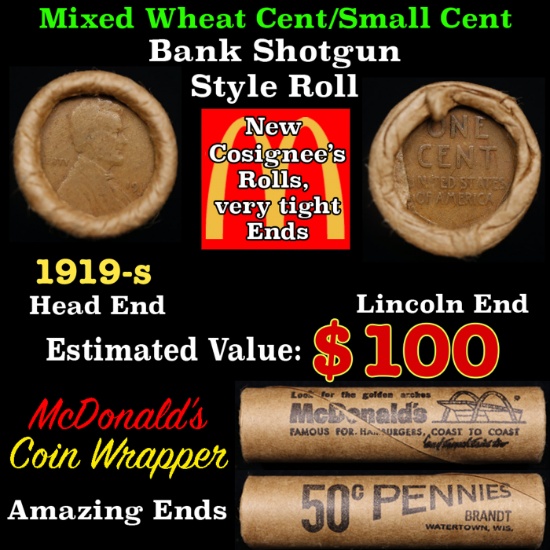Lincoln Wheat Cent 1c Mixed Roll Orig Brandt McDonalds Wrapper, 1919-s end, Wheat other end
