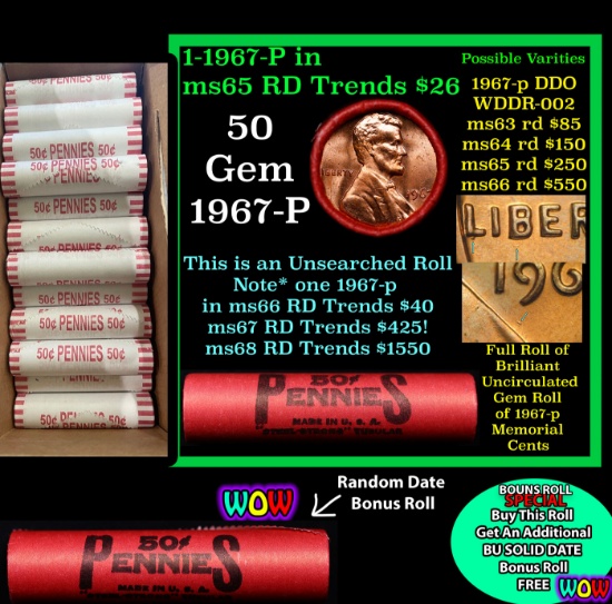 THIS AUCTION ONLY! BU Shotgun Lincoln 1c roll, 1967-p 50 pcs Plus one bonus random date BU roll! Ban