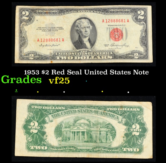 1953 $2 Red Seal United States Note Grades vf+