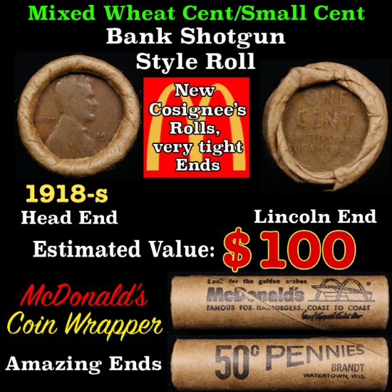 Lincoln Wheat Cent 1c Mixed Roll Orig Brandt McDonalds Wrapper, 1918-s end, Wheat other end