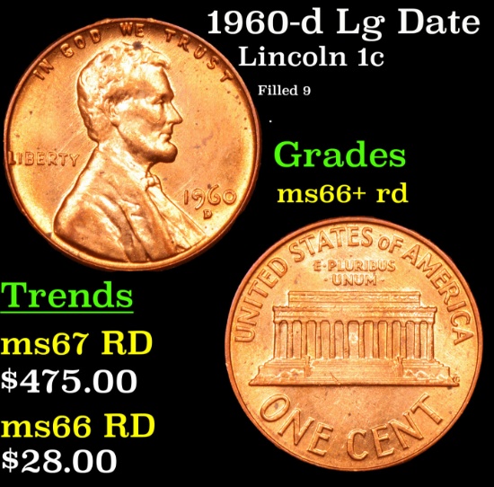 1960-d Lg Date Lincoln Cent *Mint Error* 1c Grades GEM++ RD