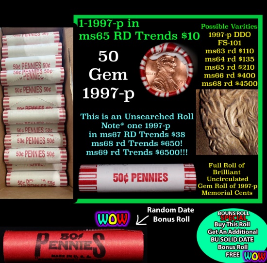 THIS AUCTION ONLY! BU Shotgun Lincoln 1c roll, 1997-p 50 pcs Plus one bonus random date BU roll! Ban