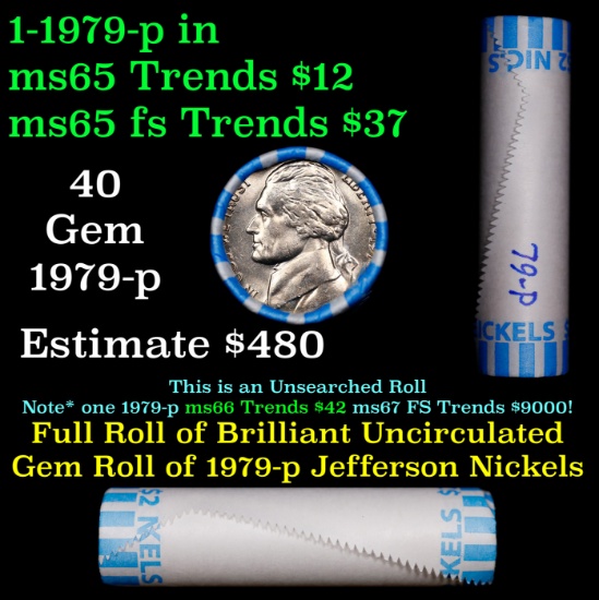 BU Shotgun Jefferson 5c roll, 1979-p 40 pcs Bank $2 Nickel Wrapper