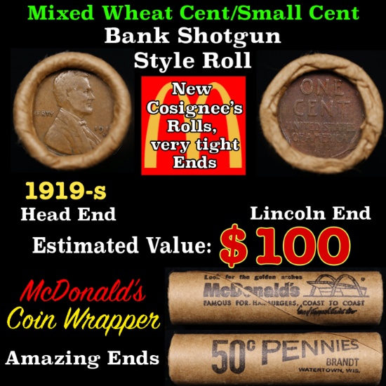 Lincoln Wheat Cent 1c Mixed Roll Orig Brandt McDonalds Wrapper, 1919-s end, Wheat other end