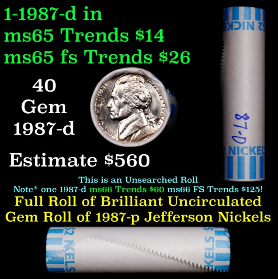 BU Shotgun Jefferson 5c roll, 1987-d 40 pcs Bank $2 Nickel Wrapper