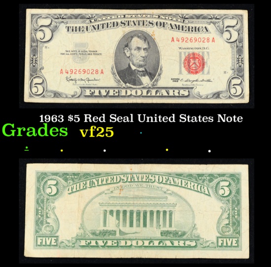 1963 $5 Red Seal United States Note Grades vf+