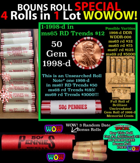 THIS AUCTION ONLY! BU Shotgun Lincoln 1c roll, 1998-d 50 pcs Plus THREE bonus random date BU roll! B