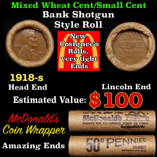 Lincoln Wheat Cent 1c Mixed Roll Orig Brandt McDonalds Wrapper, 1918-s end, Wheat other end