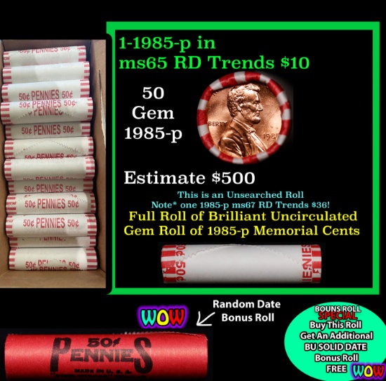 THIS AUCTION ONLY! BU Shotgun Lincoln 1c roll, 1985-p 50 pcs Plus one bonus random date BU roll! Ban