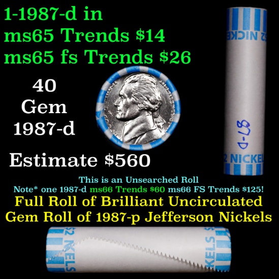 BU Shotgun Jefferson 5c roll, 1987-d 40 pcs Bank $2 Nickel Wrapper