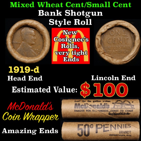 Lincoln Wheat Cent 1c Mixed Roll Orig Brandt McDonalds Wrapper, 1919-d end, Wheat other end