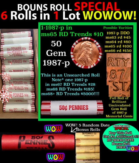 THIS AUCTION ONLY! BU Shotgun Lincoln 1c roll, 1987-p 50 pcs Plus FIVE bonus random date BU roll! Ba