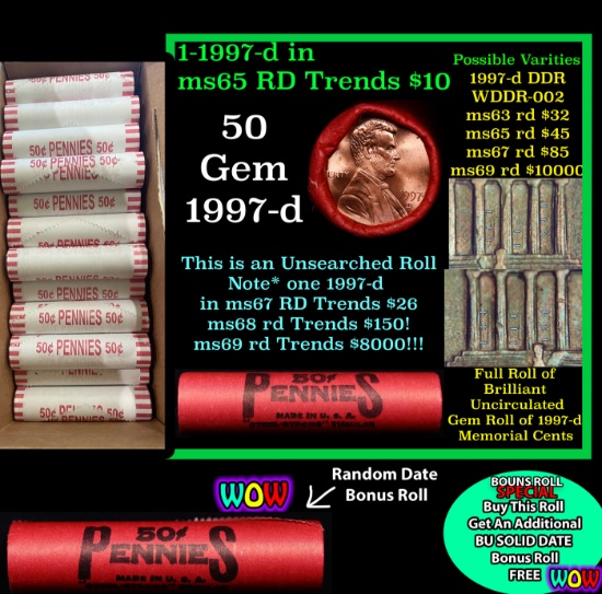 THIS AUCTION ONLY! BU Shotgun Lincoln 1c roll, 1997-d 50 pcs Plus one bonus random date BU roll! Ban