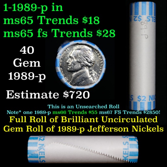BU Shotgun Jefferson 5c roll, 1989-p 40 pcs Bank $2 Nickel Wrapper